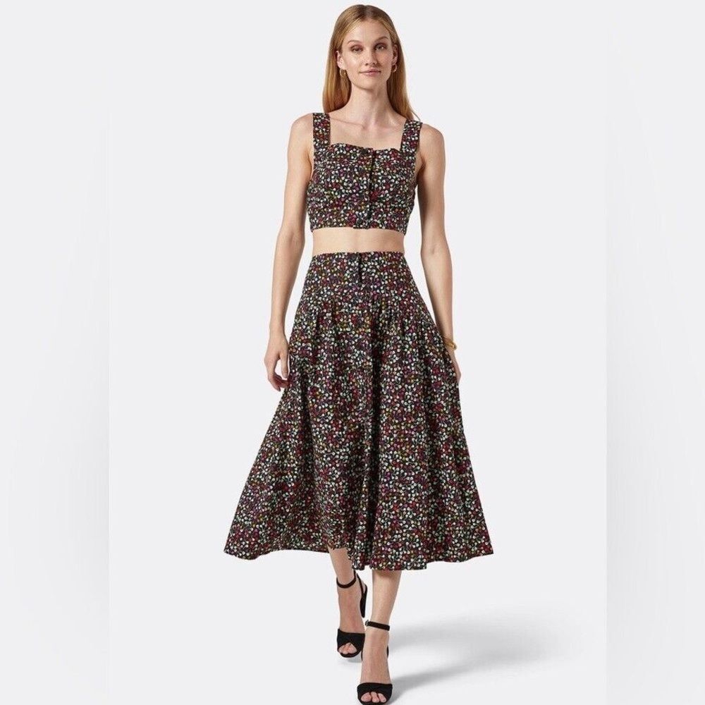 JOIE Button Front Black Floral Print Cotton Midi Skirt Fit & Flare Size 14 New
